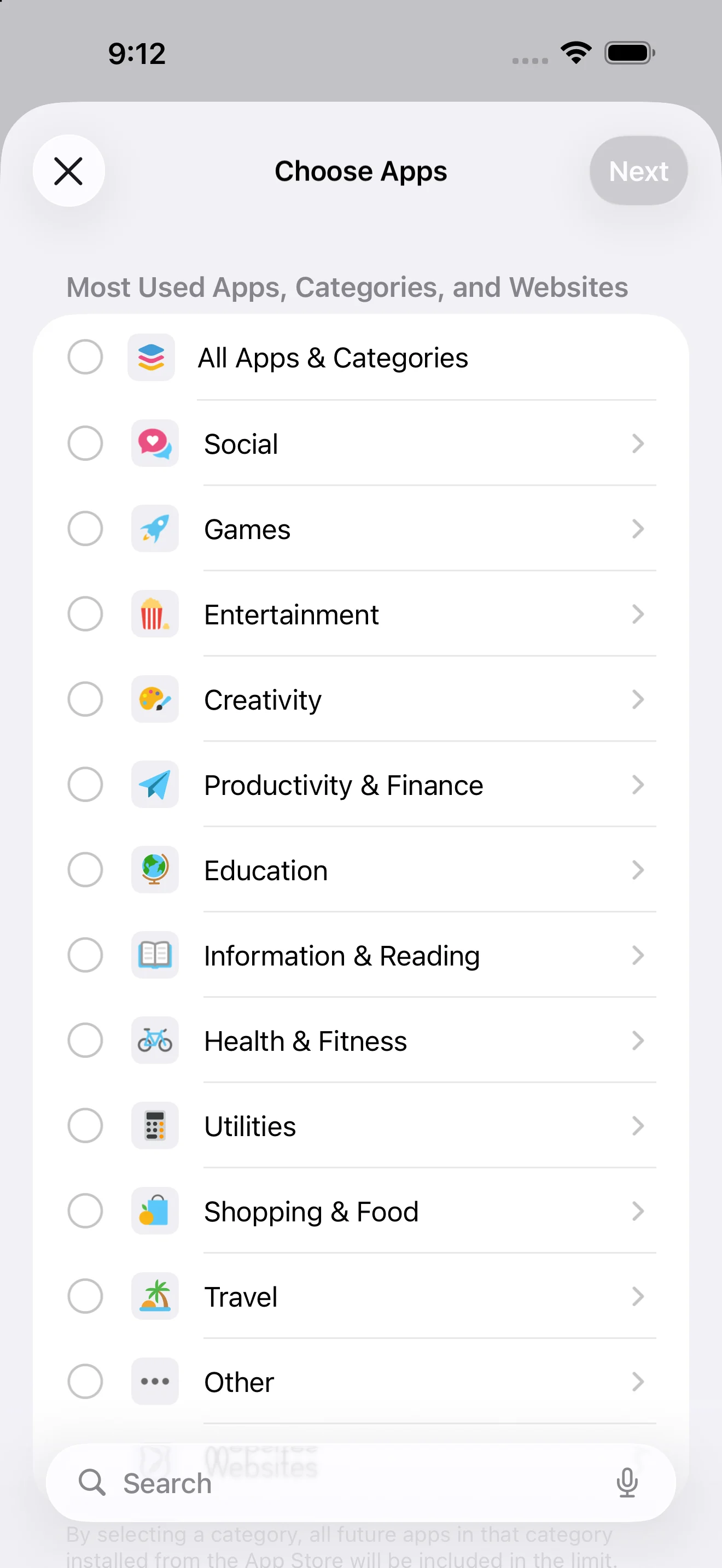 Add Limit app selection screen in Screen Time on iOS 26.0