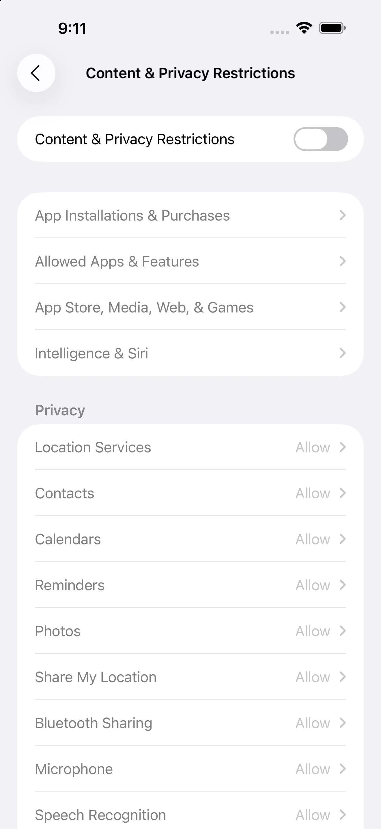 Content and Privacy Restrictions screen in Screen Time on iOS 26.0