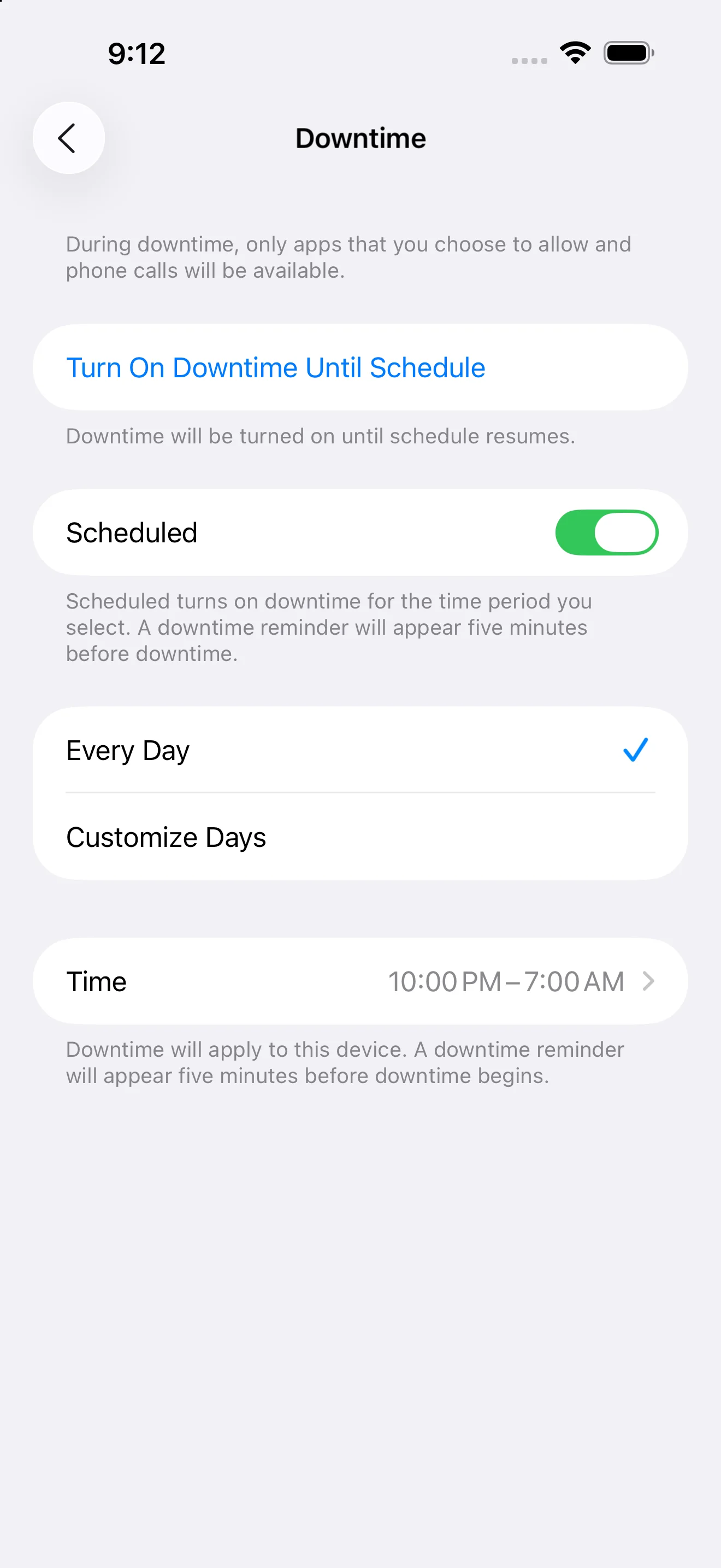 Downtime schedule screen on iOS 26.0 with Scheduled, day selection, and From and To times
