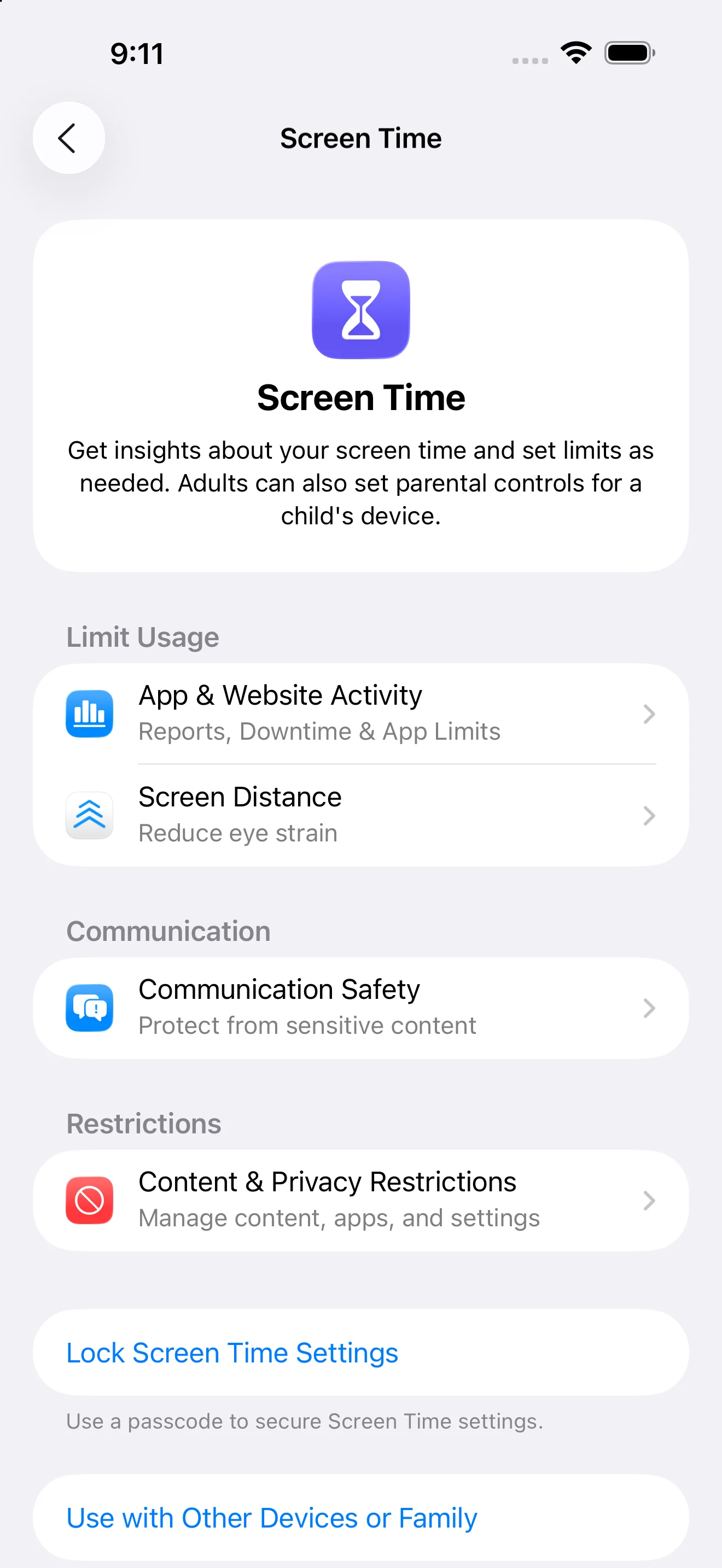Screen Time overview in Settings on iOS 26.0, showing Downtime, App Limits, Always Allowed, and Content and Privacy Restrictions