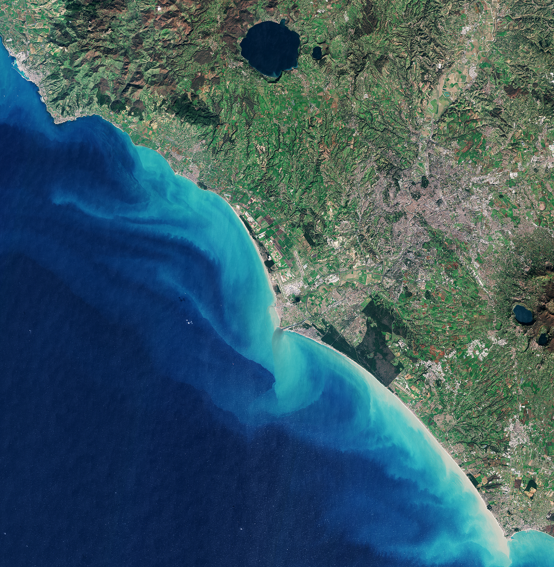 Copernicus Sentinel-2 satellite view of Rome, the Tiber River, and the coast