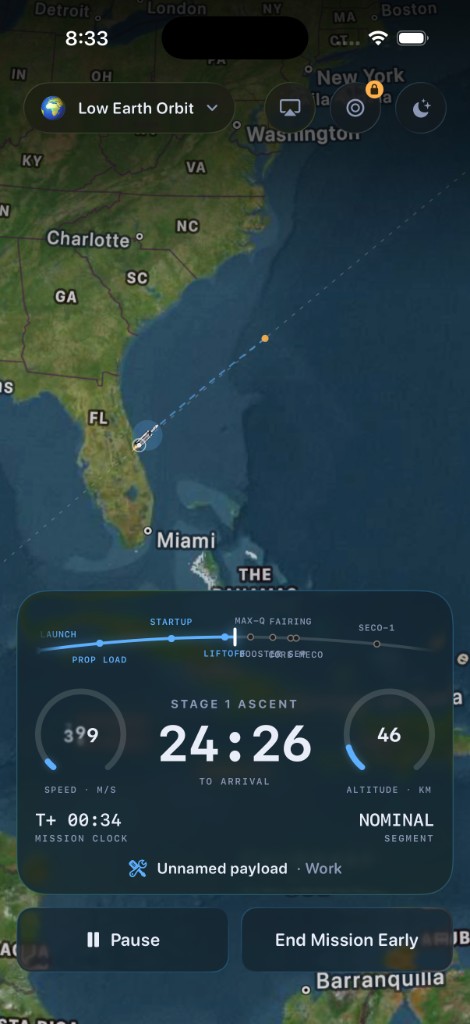 In-flight view with live map, telemetry gauges, and mission timeline