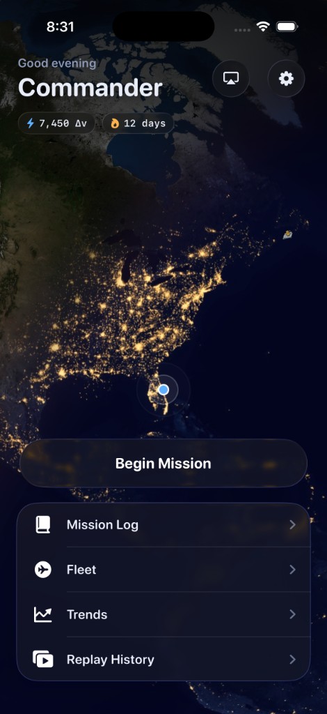Orbital Focus home screen showing streak, Δv balance, and Begin Mission button