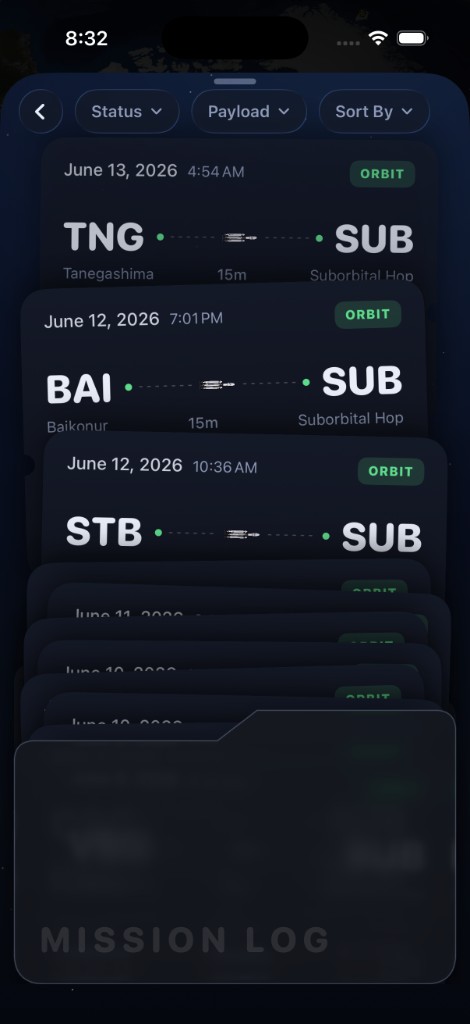 Mission log with flight cards and filters