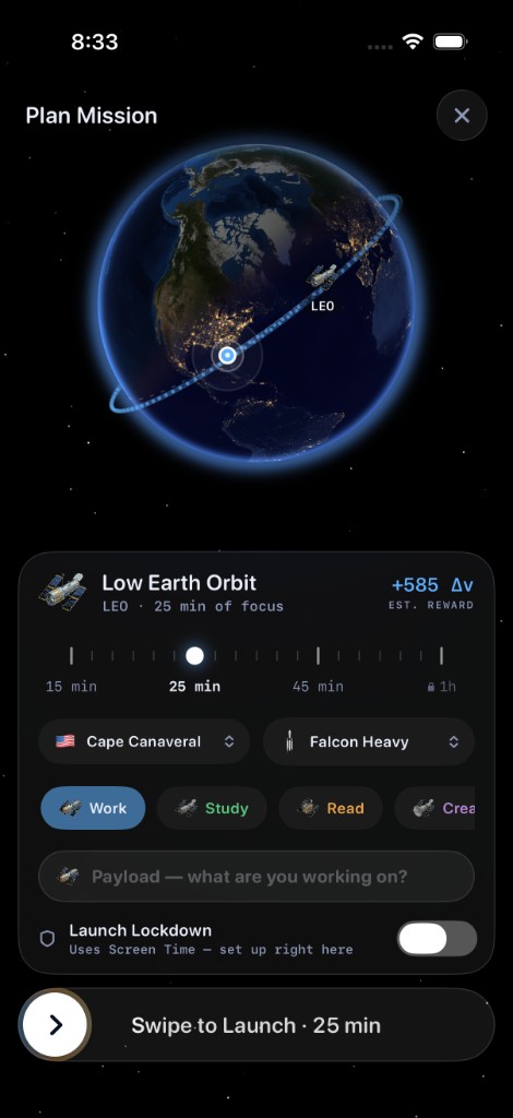 Mission planner with destination scrubber, rocket picker, and Launch Lockdown toggle