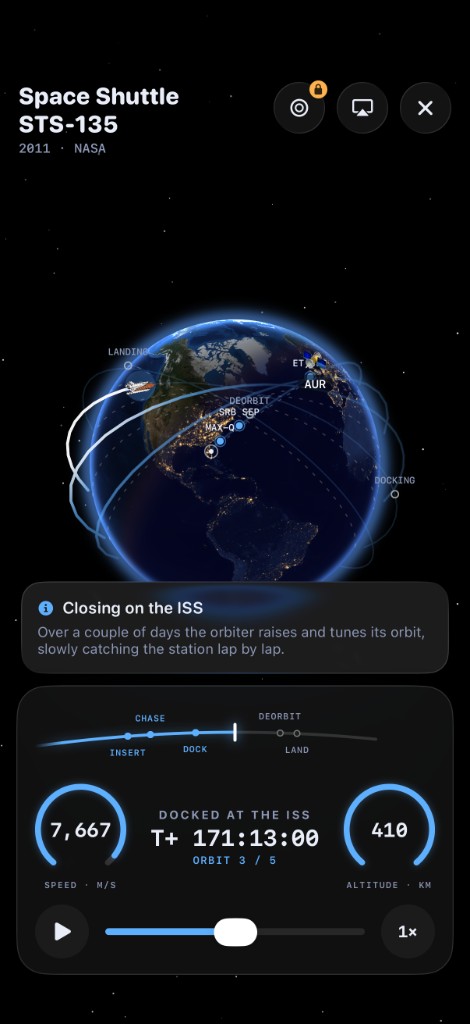 STS-135 replay with orbital path and telemetry